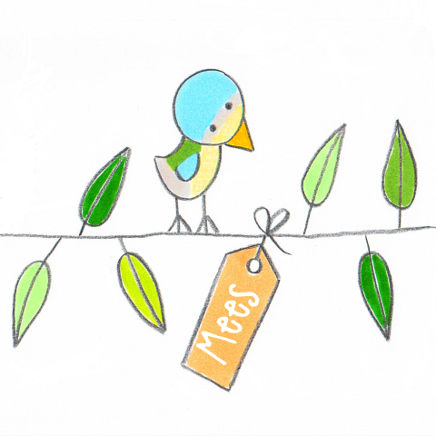 Lief illustratief kaartje met mees op een boomtak