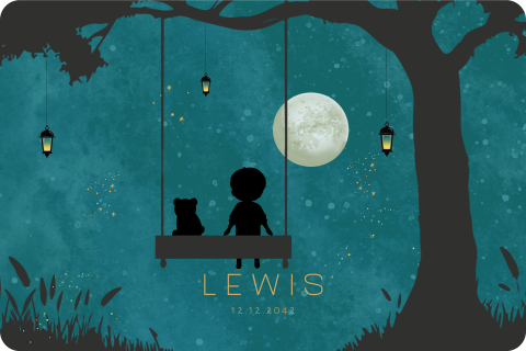 Memorybox winterliefde jongetje op schommel met beer en maan