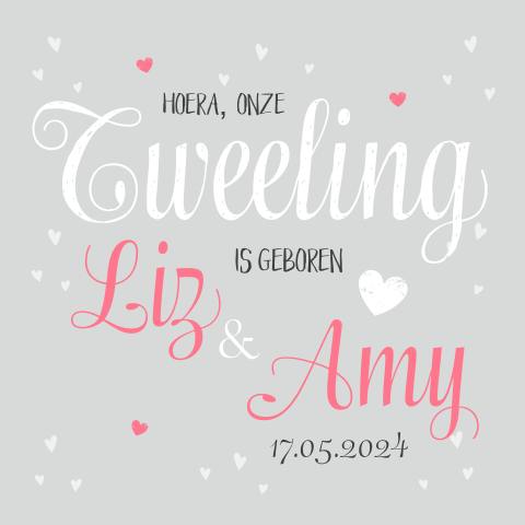 Geboortekaartje tweeling meisjes met hartjes