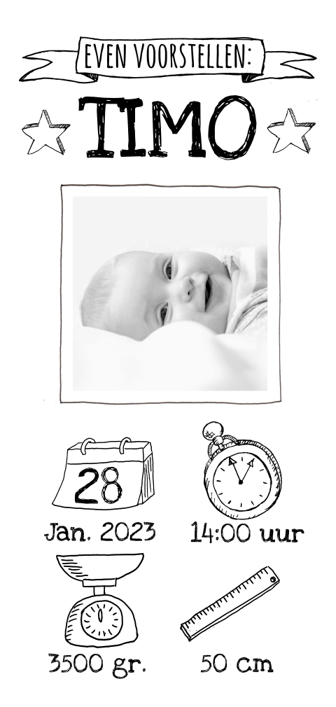 Stoer getekend geboortekaartje met icoontjes voor een jongen