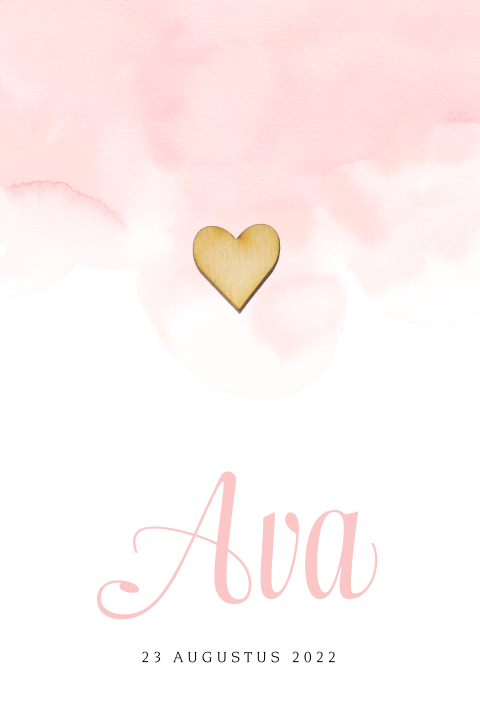 Hip geboortekaartje meisje met roze watercolour en houten hartje