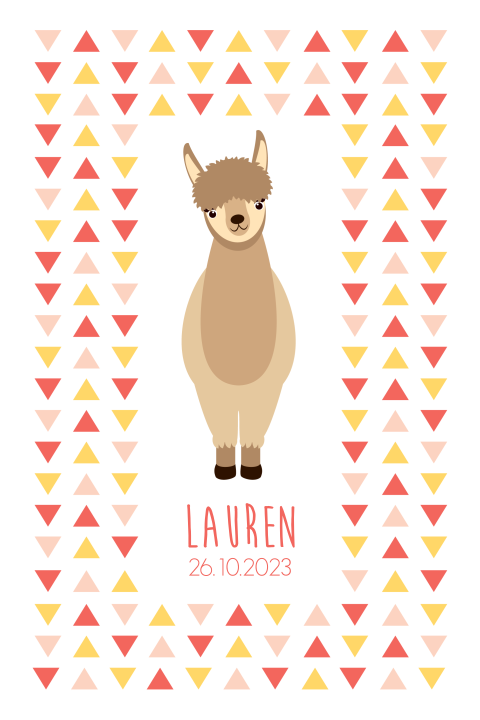 Hip geboortekaartje met alpaca voor een meisje