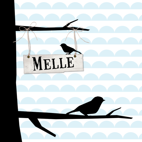 Trendy geboortekaartje met zwarte boom en vogels