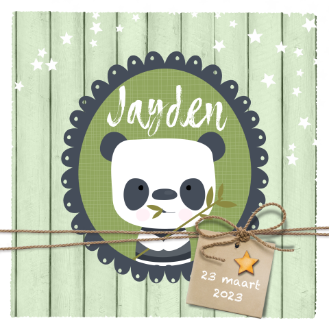 Geboortekaartje jongen met hout, ster en label