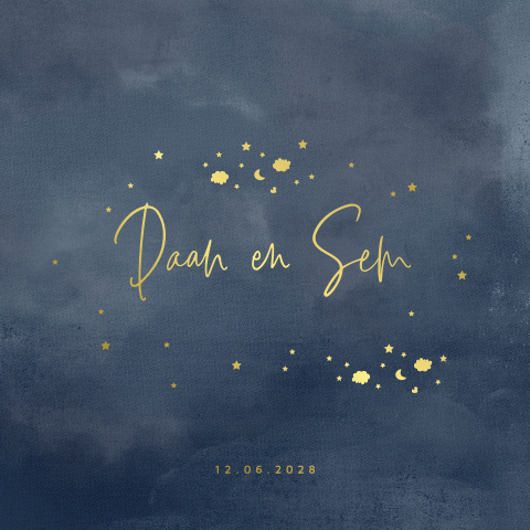 Hip tweeling babykaartje blauw met foliedruk sterretjes