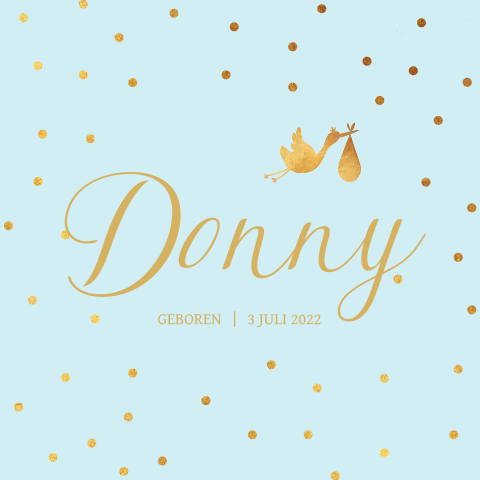 Geboortekaartje met gouden ooievaar en confetti