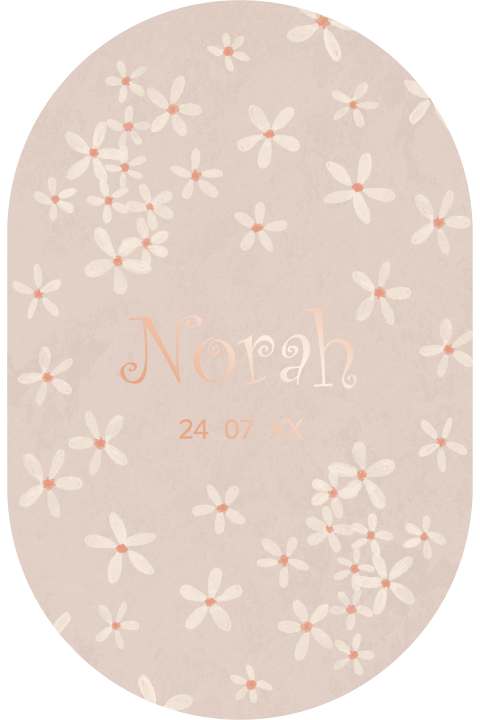 Ovaal geboortekaartje voor een meisje met bloemetjes en rosé goudfolie