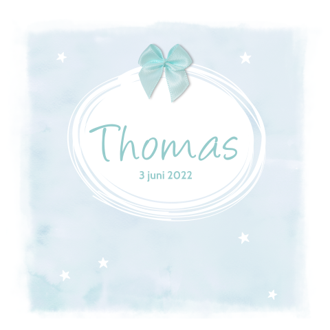 Blauw watercolor geboortekaartje voor jongen met echt strikje