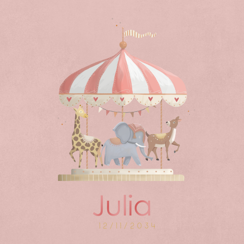 Roze kraamborrelkaartje met draaimolen voor een meisje