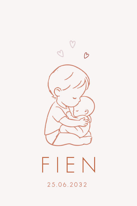 Geboortekaartje meisje knuffelen broer baby lijntekening kusje