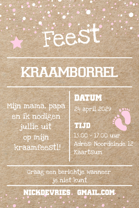 Kraamfeest uitnodiging kraft look roze confetti