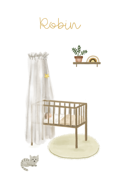 Neutraal geboortekaartje met babywiegje en katje