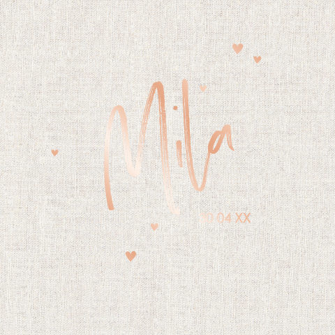 Een luxe geboortekaart met rosé goudfolie hartjes op linnen look