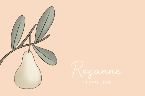 Modern geboortekaartje meisje met peer aan tak