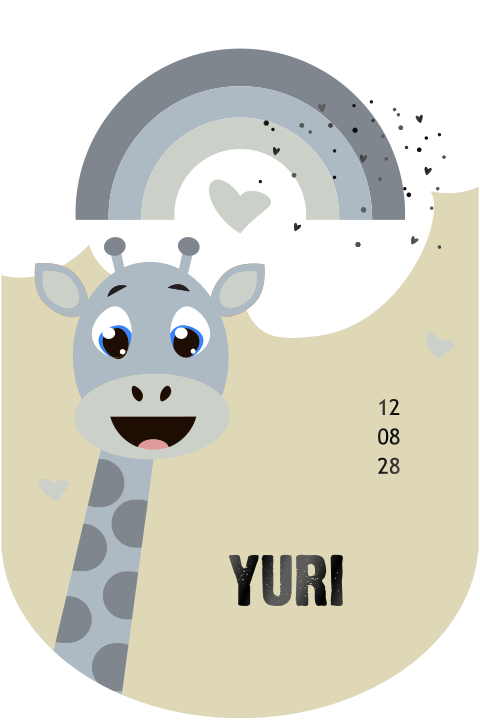 Lief geboortekaartje in boog vorm met giraffe en regenboog