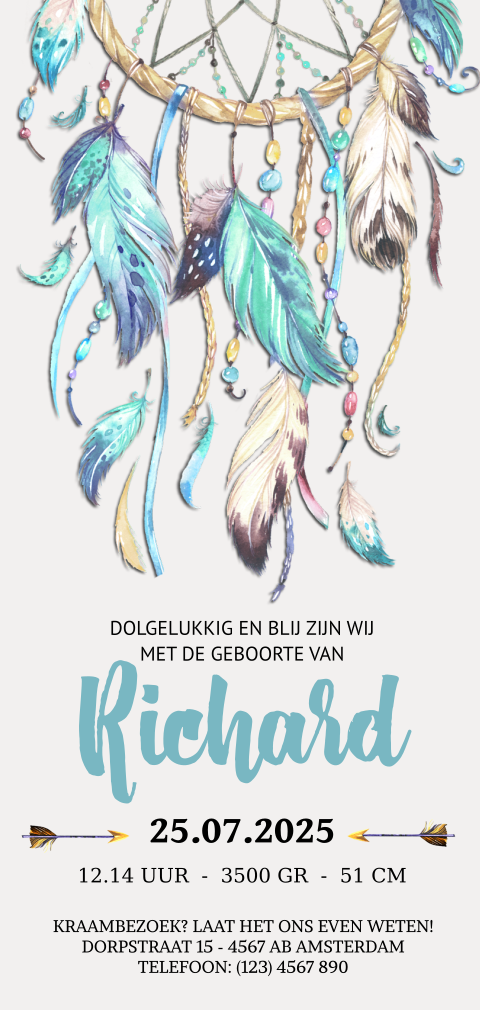Geboortekaartje jongen dromenvanger blauw bohemian