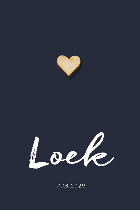 Modern geboortekaartje jongen met echt houten hartje