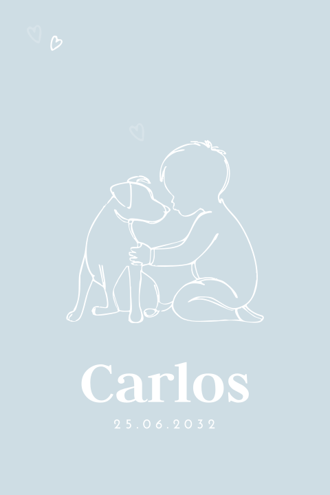 Blauw geboortekaartje met lijntekeningen van jongen en Jack Russell 