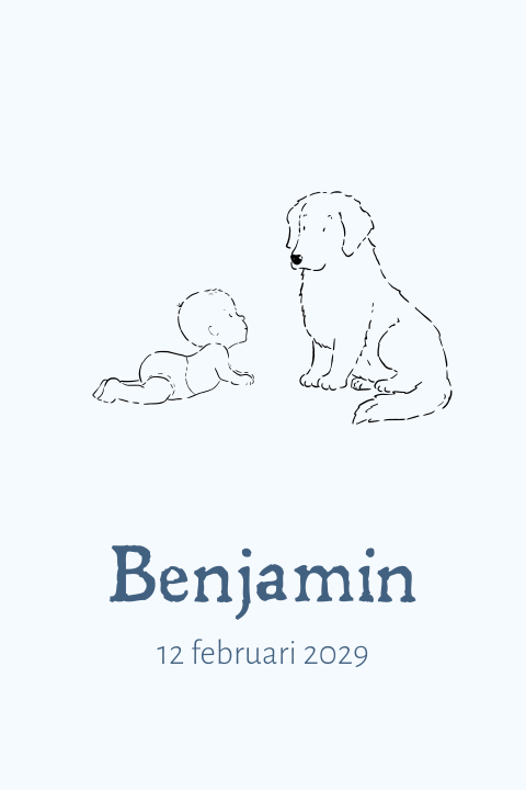 Geboortekaartje jongen met kruipende baby en golden retriever