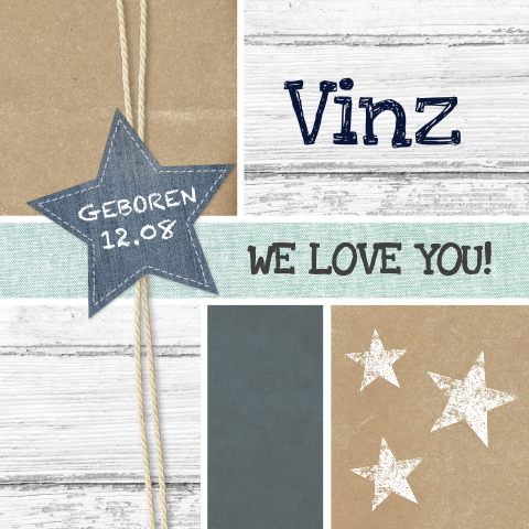 Stoer geboortekaartje met hout, denim en sterren