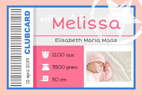 Origineel geboortekaartje voor meisje - Clubcard