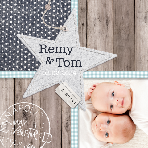 Stoer jongens tweelingkaartje mt foto en hout