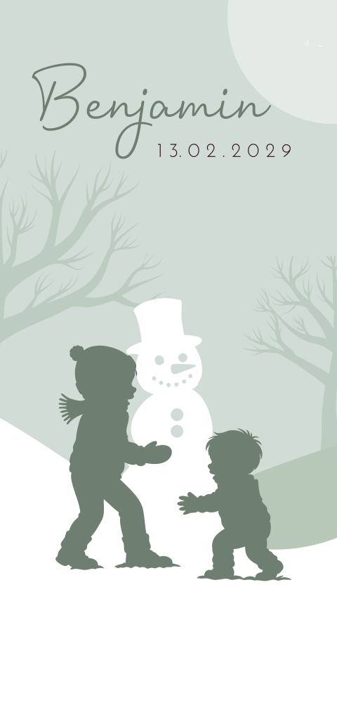 Geboortekaartje jongen met boertje die samen een sneeuwpop maken