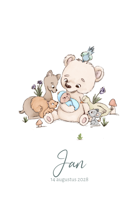 Schattig getekende illustratie van bos dieren met baby voor een jongen