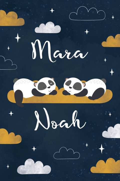 Geboortekaartje tweeling wolken en sterren met panda geel