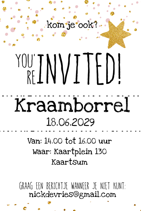 Kraamborrel uitnodiging met goud kleurige confetti
