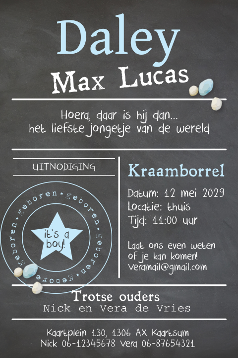 Krijtbord kleurige uitnodiging kraamfeest jongen