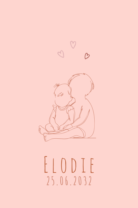 Geboortekaartje meisje lijntekening broer zusje liefde zitten silhouet