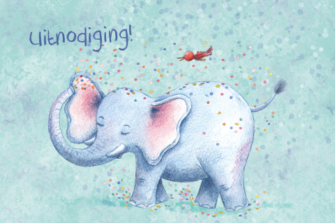 Uitnodiging kinderfeestje olifant en vogeltje met confetti