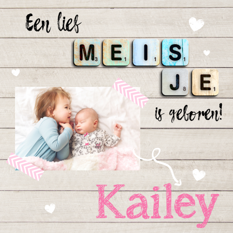 Geboortekaartje met hout - Letters meisje
