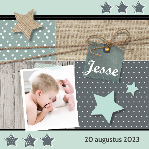 Geboortekaartje jongen foto met jute en sterretjes mintgroen
