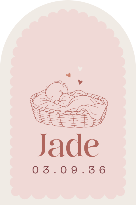 Lief geboortekaartje met baby in een wiegmandje