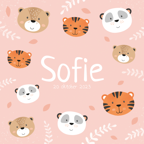 Roze geboortekaartje verschillende dieren