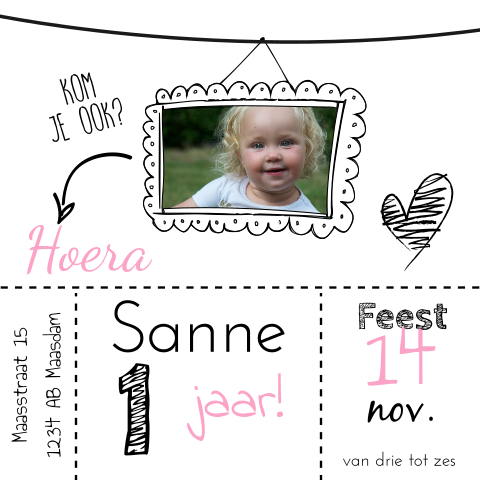 1 jaar - Uitnodiging kinderfeestje voor meisje