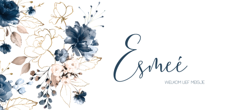 Geboortekaartje meisje met goud en blauwe bloemen