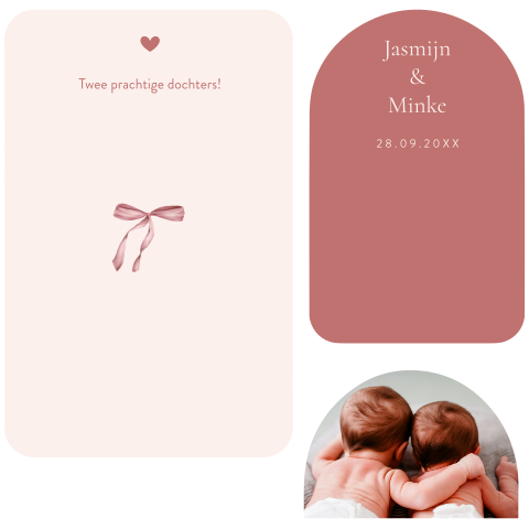 Tof drie-delig tweelingkaartje met foto en strikje