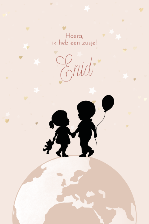 Schattig geboortekaartje voor een meisje met haar grote broer op een wereldbol
