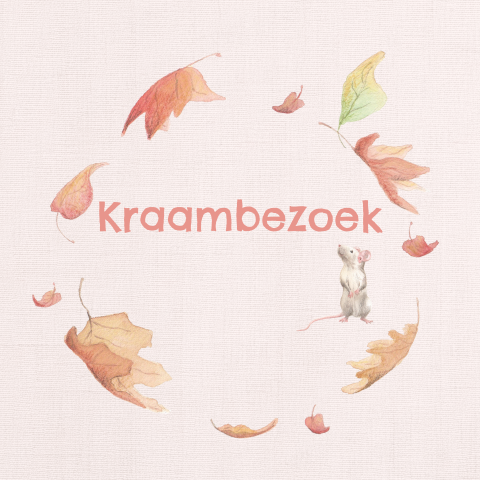 Roze kraamborrelkaartje met blaadjes en een muisje