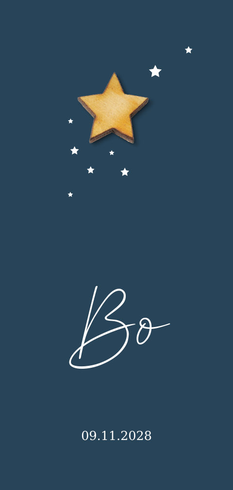 Hip geboortekaartje jongen met echt houten ster