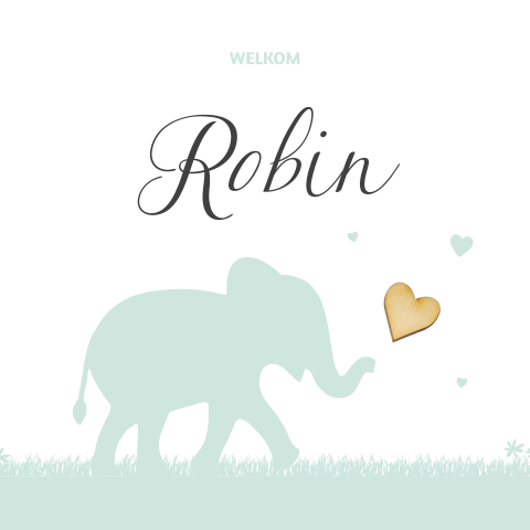 Hip geboortekaartje jongen met silhouet olifant en houten hartje