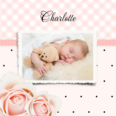 Klassiek geboortekaartje met foto en rozen