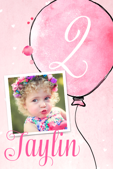 Lieve uitnodiging kinderfeestje meisje met roze watercolor en ballon