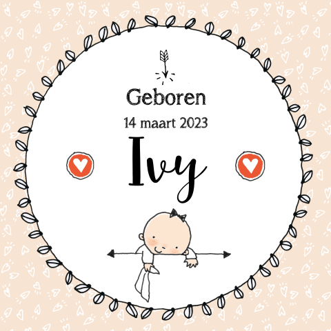 Lief geboortekaartje voor meisje bladerkrans op hartjes patroon