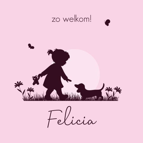 Schattig geboortekaartje met meisje, teddybeer en een teckel