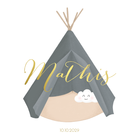 Geboortekaartje foliedruk jongen tipi tent en wolkje