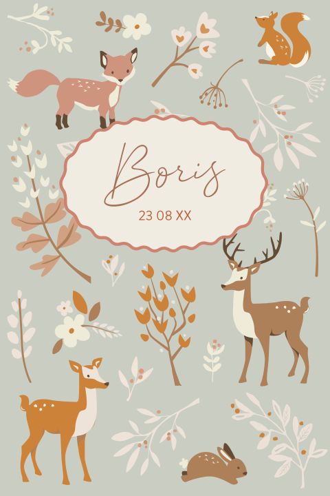 Een unisex geboortekaartje met dessin met bosdieren hert vos eekhoorn